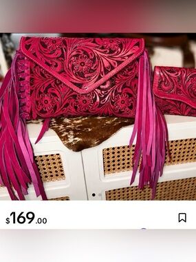 Leather Hand-Tooled Floral Fringe Clutch in Fuchsia Pink